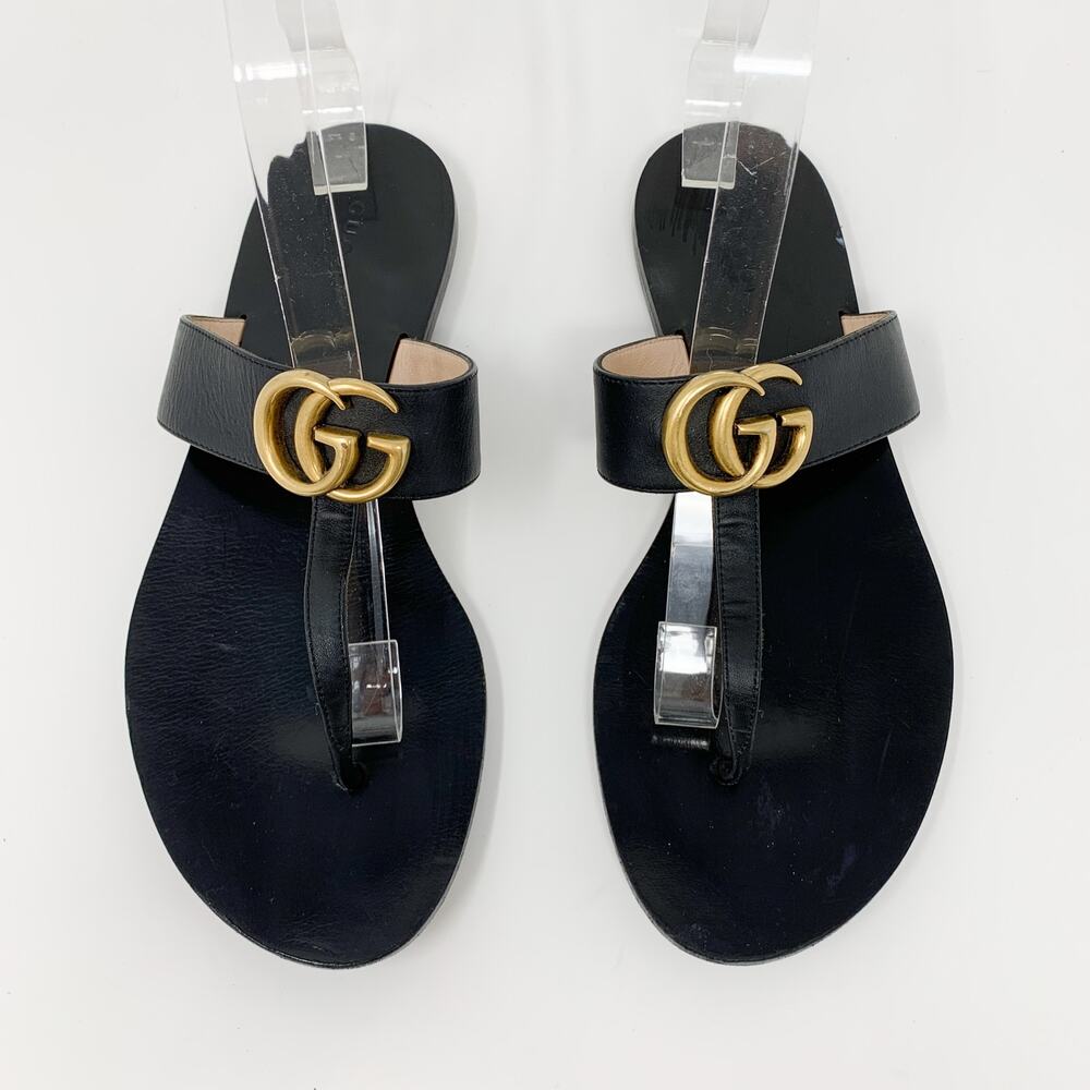 Gucci Marmont GG Black Leather Thong Sandals Gold Logo EU 38